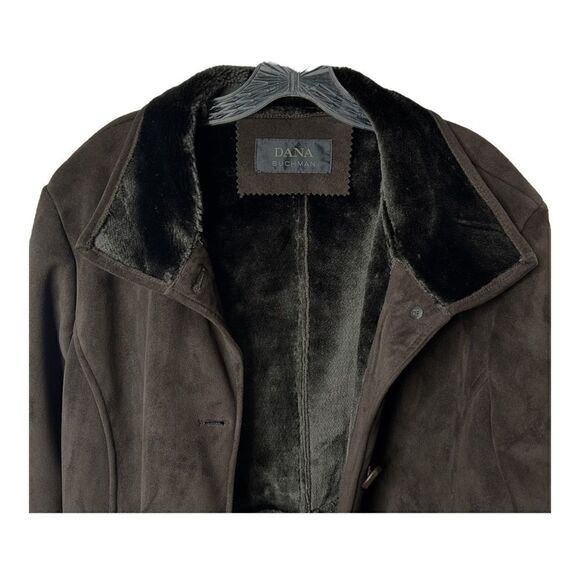 DANA BUCHMAN Chocolate Brown Coat Fur Trim Jacket Knee Length Buttons Womens - Picture 6 of 9